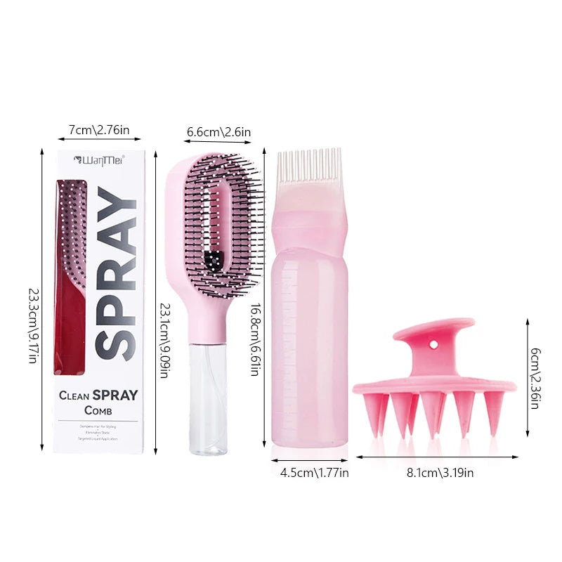 3Pcs Hair Care Set | Spray Detangler Brush, Root Comb Applicator Bottle & Scalp Massager for Wet & Dry Hair Styling, Scalp Care